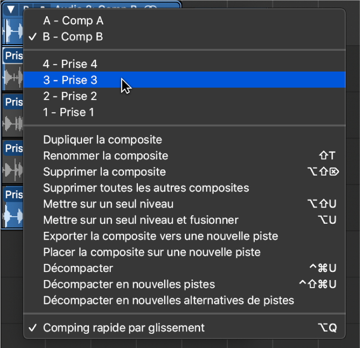 Figure. Indication d’une prise dans le menu local.