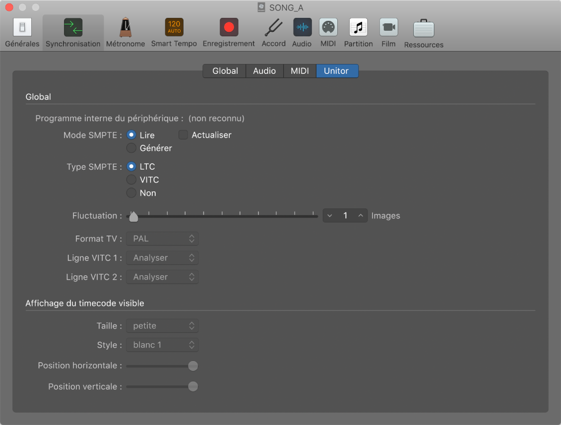 Figure. Réglages de synchronisation Unitor.