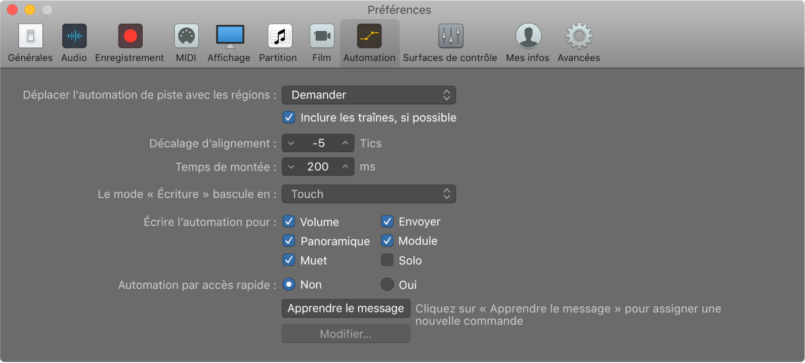 Figure. Préférences d’automation