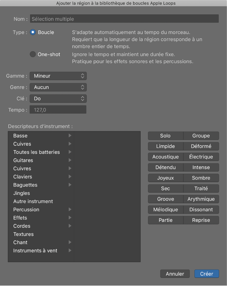 Figure. Zone de dialogue Ajouter la région à la bibliothèque de boucles Apple Loops.