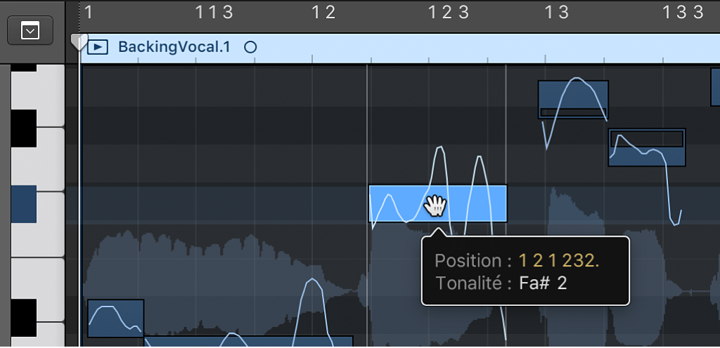 Figure. Glissement horizontal d’une note dans l’éditeur de piste audio.