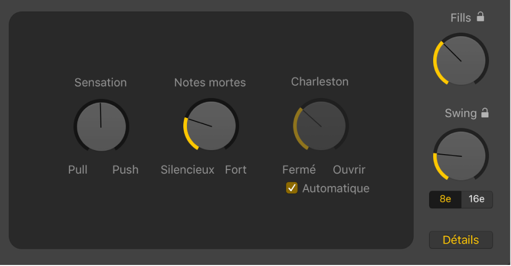 Figure. Potentiomètre Feel, potentiomètre Notes fantômes et potentiomètre Charleston dans l’éditeur de drummer.