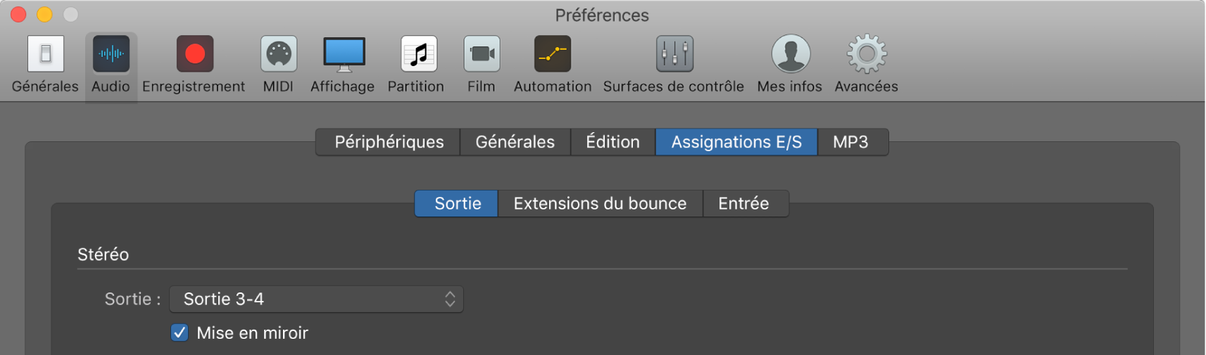 Figure. Section Sortie de la sous-fenêtre Attributions E/S des préférences audio.