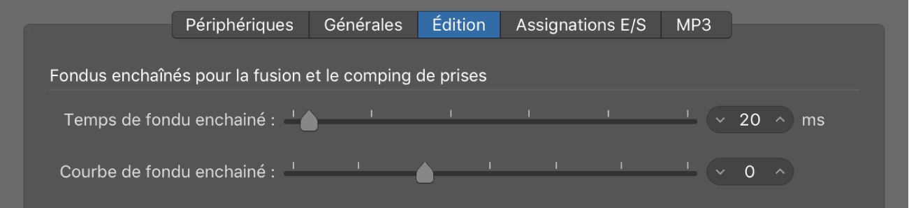 Figure. Paramètres de fondu dans les préférences audio d’édition