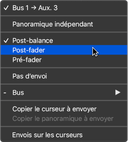 Figure. Choix d’une option de cheminement de signal pour le potentiomètre Envoyer.