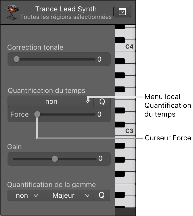 Figure. Menu local Quantification du temps et curseur Force.