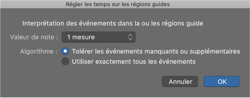 Figure. Zone de dialogue « Régler les temps sur les régions guides ».