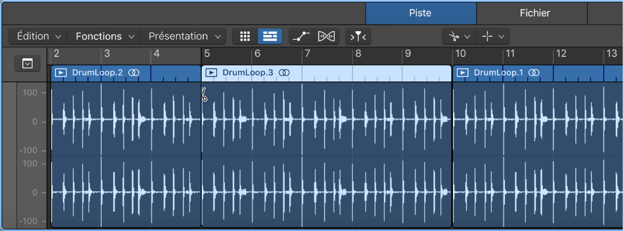 Figure. Scission d’une région dans l’éditeur audio à l’aide de l’outil Ciseaux.