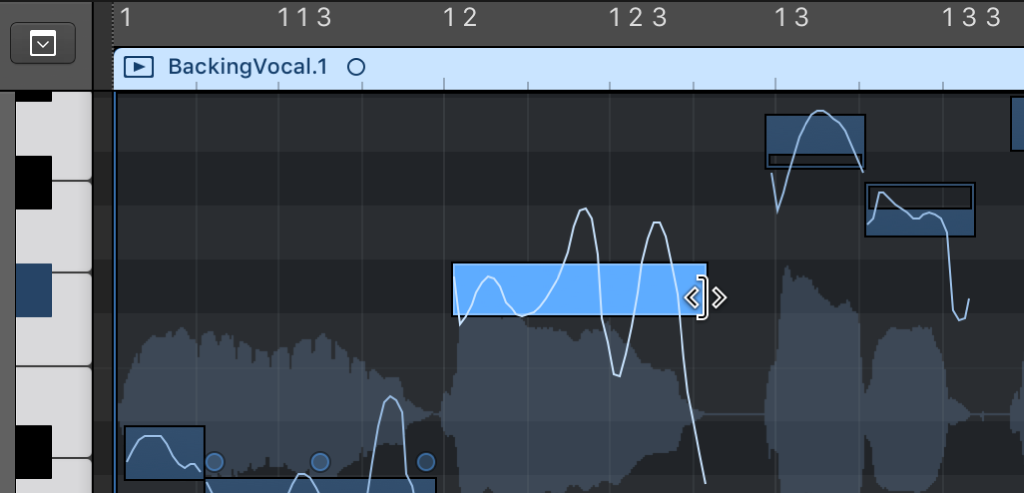 Figure. Glissement du bord droit d’une note dans l’éditeur de piste audio.