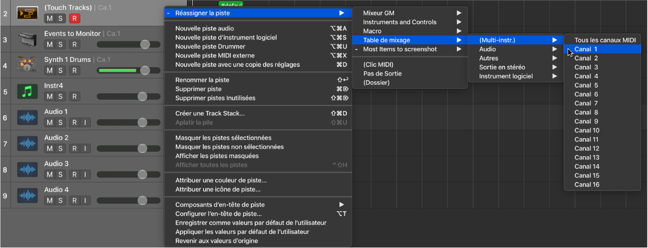 Figure. Accès à l’instrument mappé dans le menu contextuel Réassigner la piste de la zone Pistes.