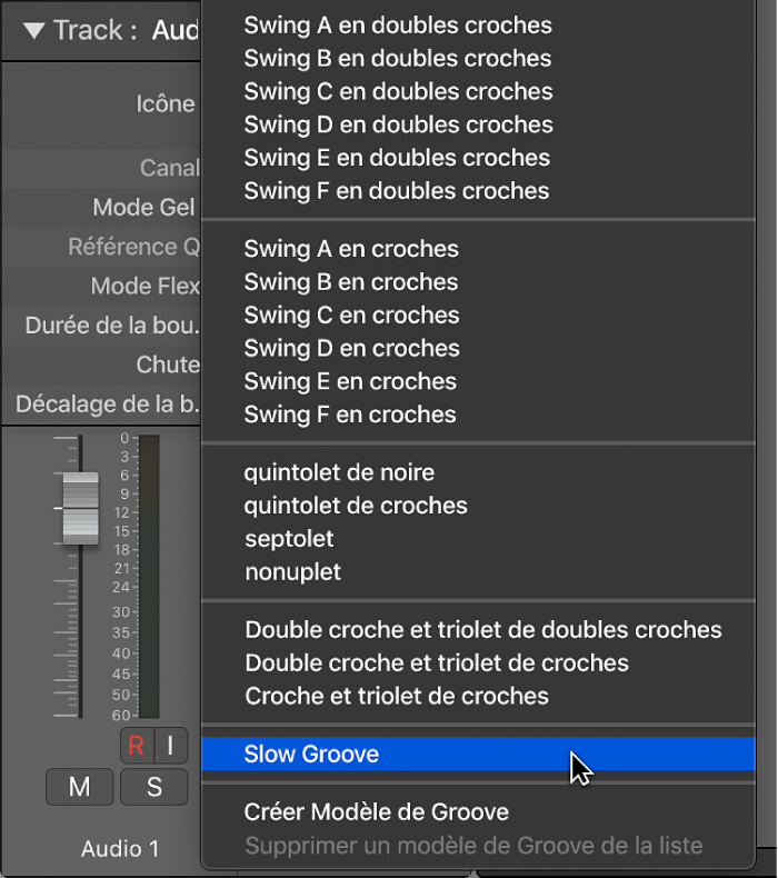 Figure. Nom du modèle de groove par défaut sélectionné dans le menu local Quantifier.