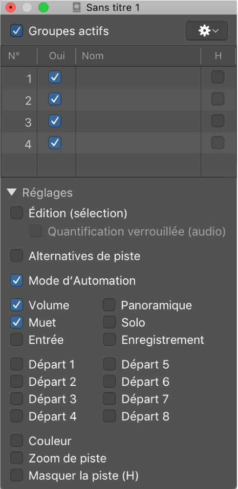 Figure. Fenêtre des réglages de groupe.