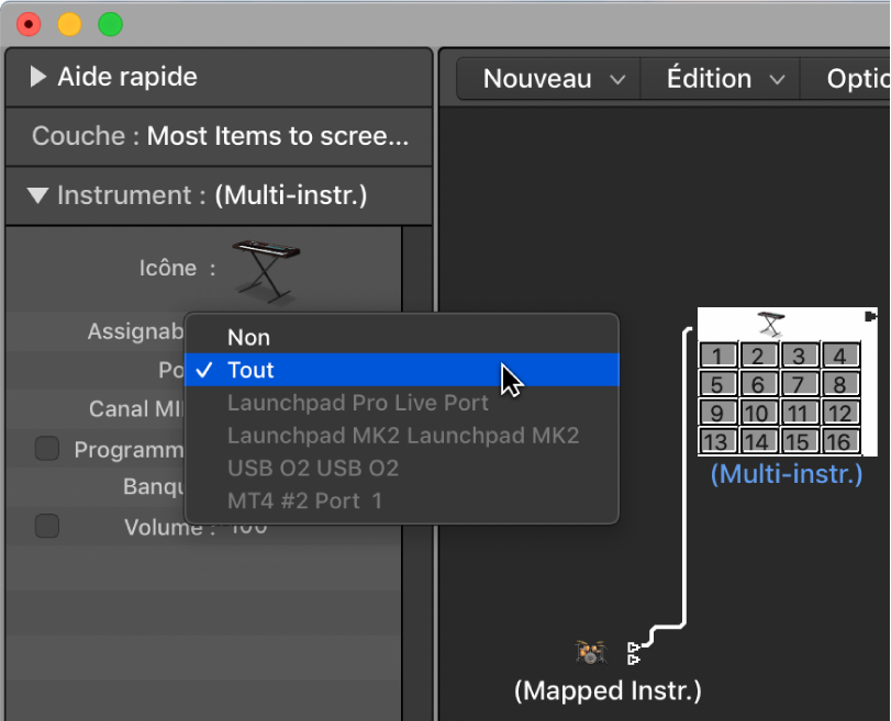 Figure. Menu local Port dans l’inspecteur d’objets montrant les options de sortie MIDI.