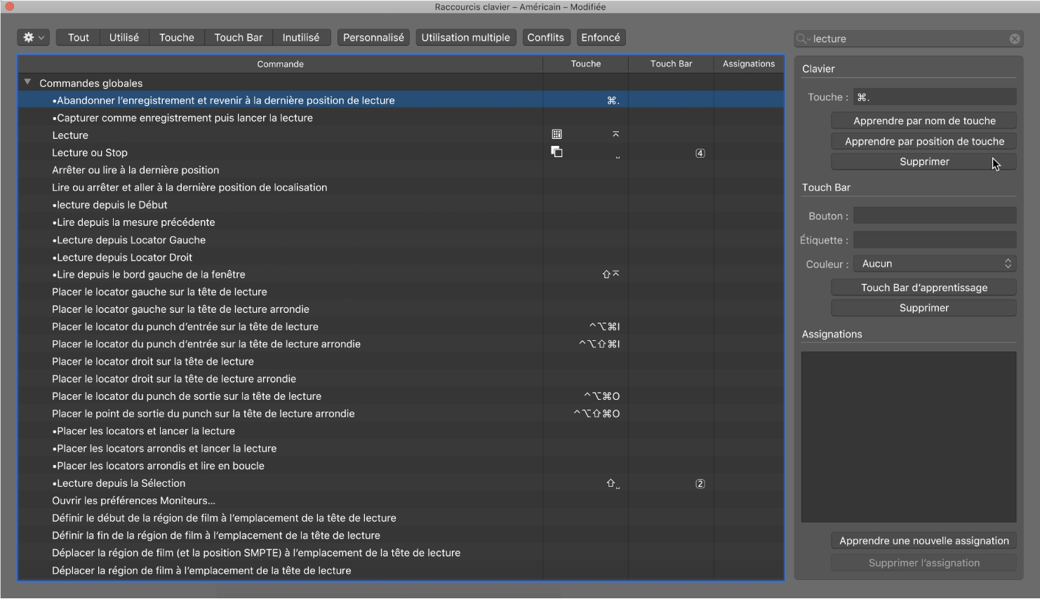 Figure. Suppression d’une assignation de raccourci clavier :