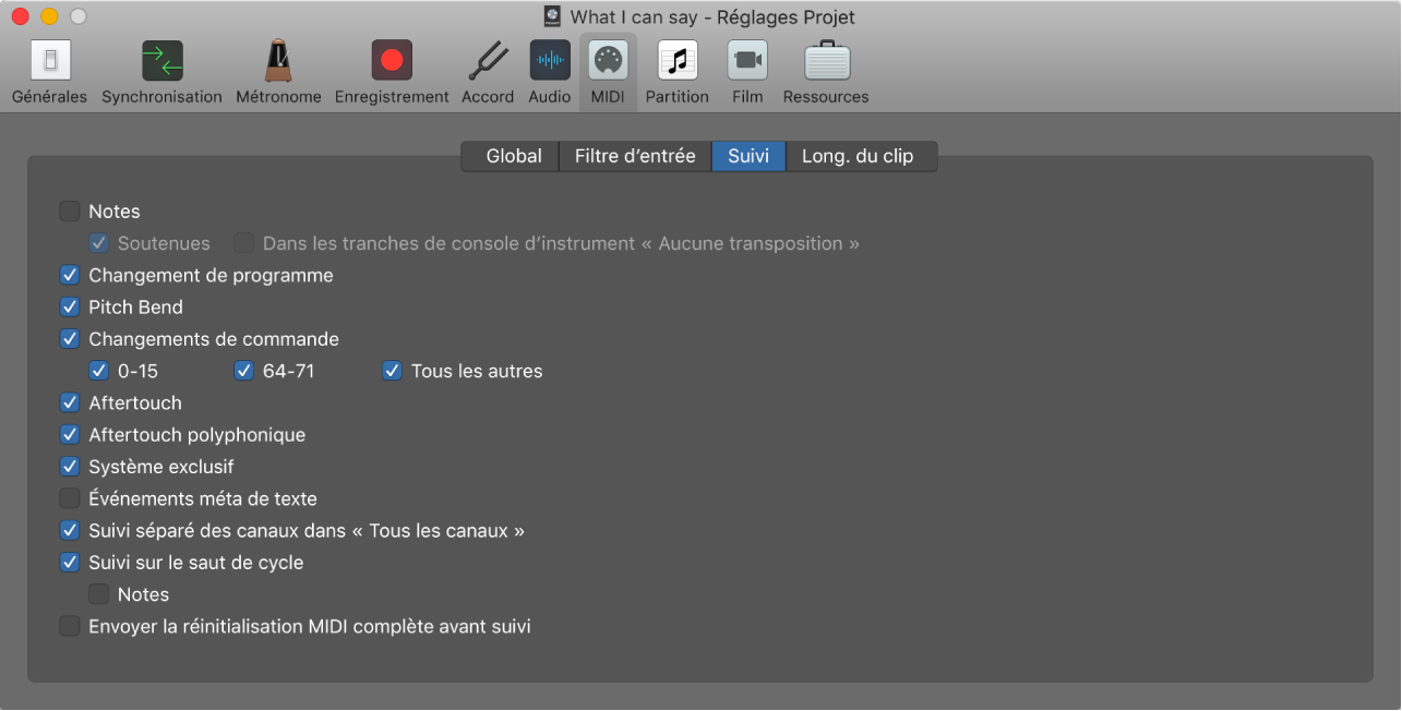 Figure. Sous-fenêtre Suivi dans les réglages MIDI du projet.