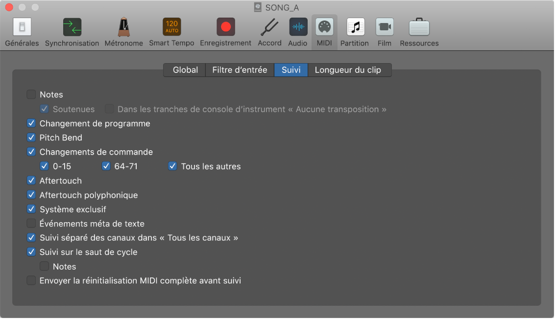 Figure. Réglages de suivi MIDI.