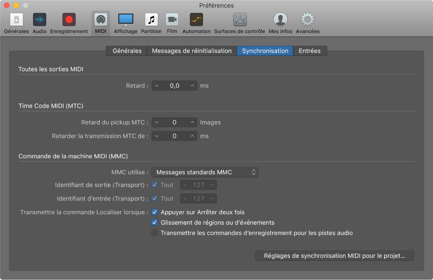 Figure. Préférences de synchronisation MIDI.