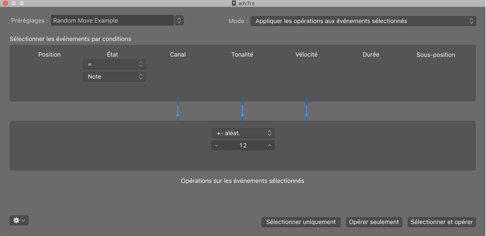 Figure. Fenêtre de transformation affichant des réglages de conversion d’événements de note MIDI en événements de contrôleur MIDI 1.