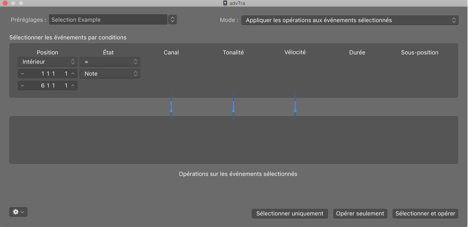 Figure. Fenêtre de transformation affichant des réglages permettant d’effectuer des sélections de notes en vue d’opérations d’édition.