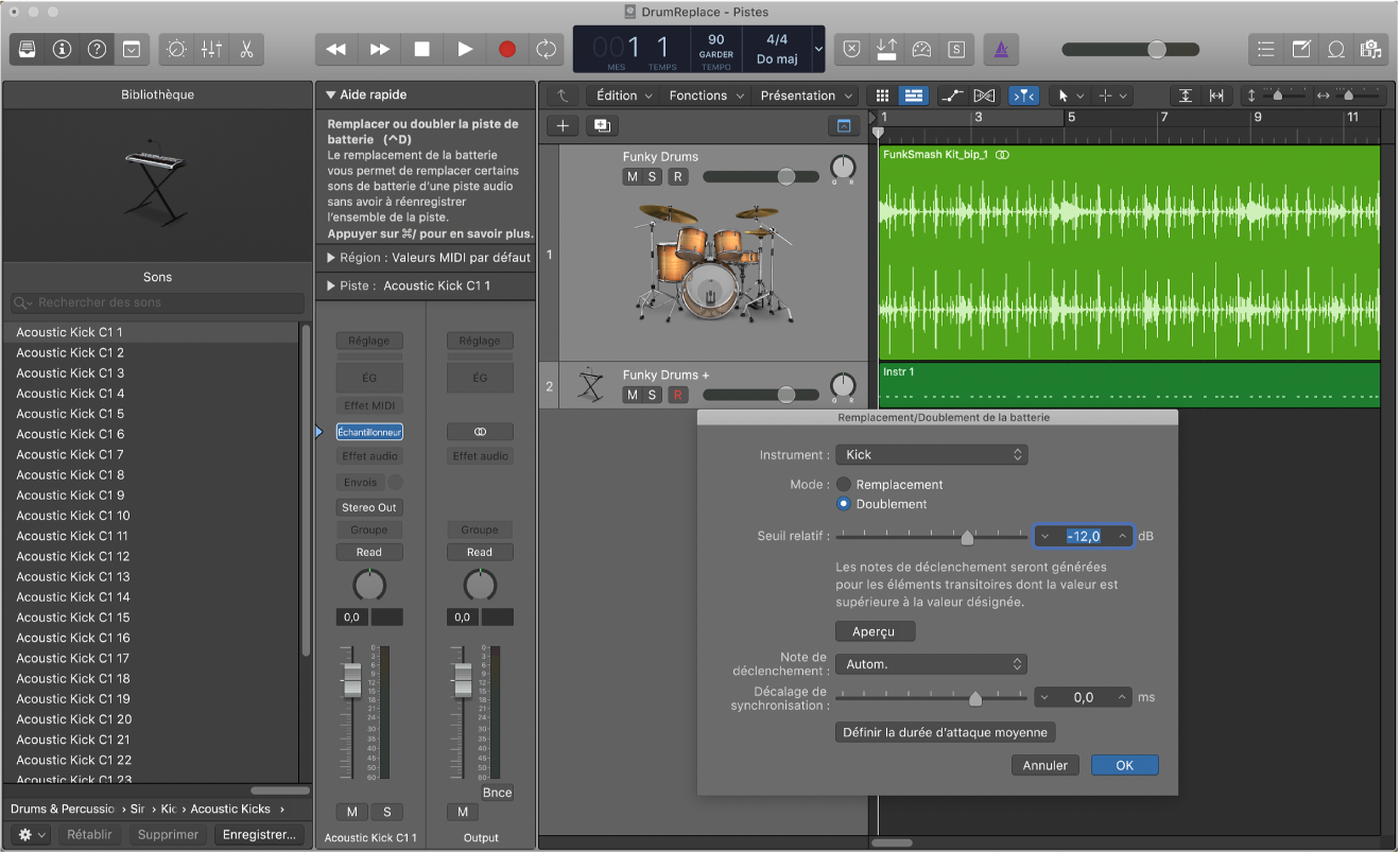 Figure. Zone Pistes avec la piste audio agrandie, la bibliothèque ouverte présentant les sons de batterie et la zone de dialogue « Remplacement/Doublement de la batterie » ouverte.