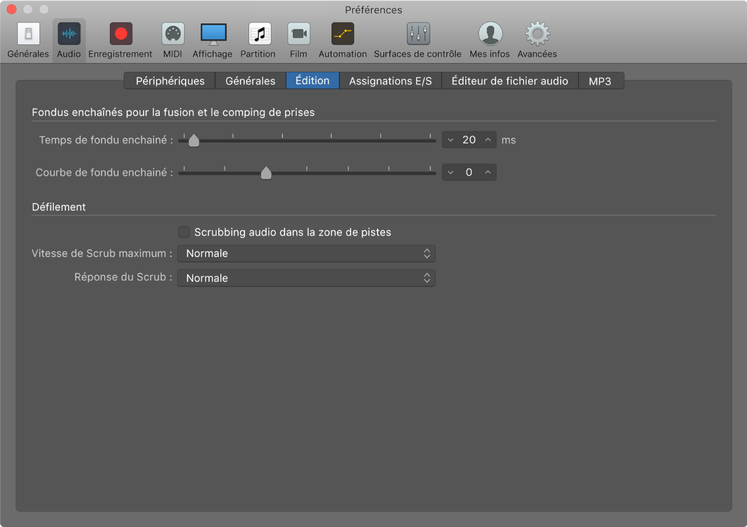 Figure. Préférences d’édition audio.