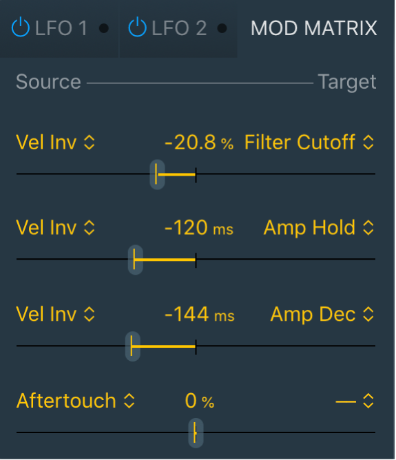 図。Quick Samplerの「Mod Matrix」パネル。4つのモジュレーションルーティングが表示されています。