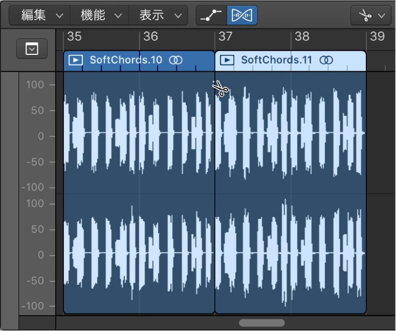 図。オーディオ・トラック・エディタでハサミツールを使ってオーディオリージョンを分割する。