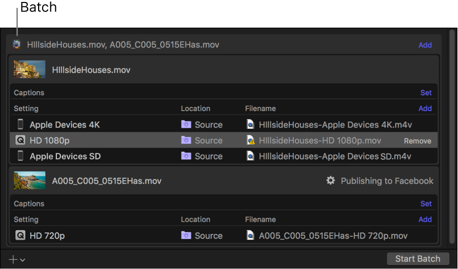 Batch area showing batch header