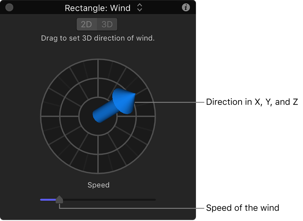 Schwebepalette mit speziellen Steuerelementen für das Verhalten „Wind“ im 3D-Modus