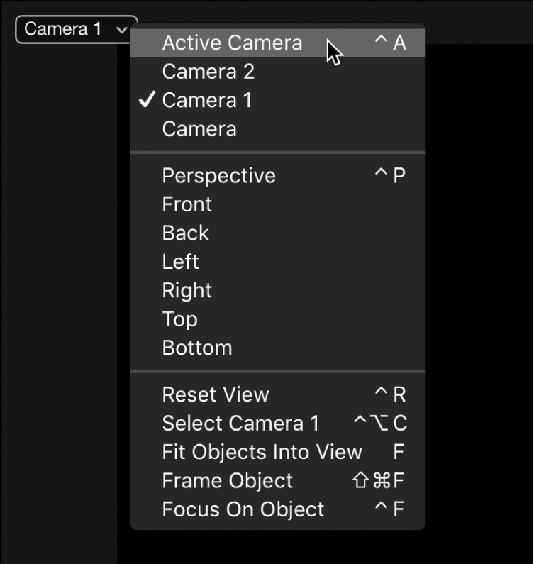 Auswählen von „Aktive Kamera“ aus dem Einblendmenü „Kamera“ im Canvas