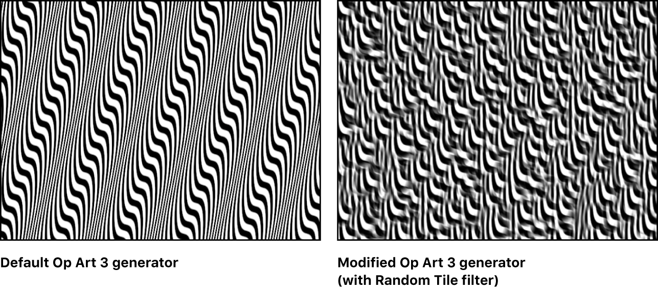 Canvas mit dem Generator „Op-Art 3“ ohne und mit angewendetem Filter „Zufällige Kacheln“