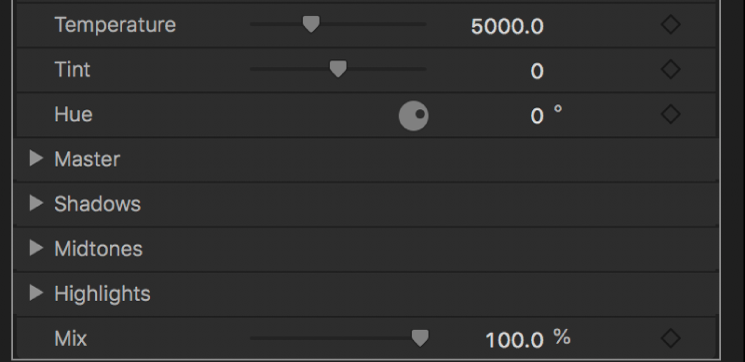 Steuerelemente für Farbräder im Informationsfenster „Filter“