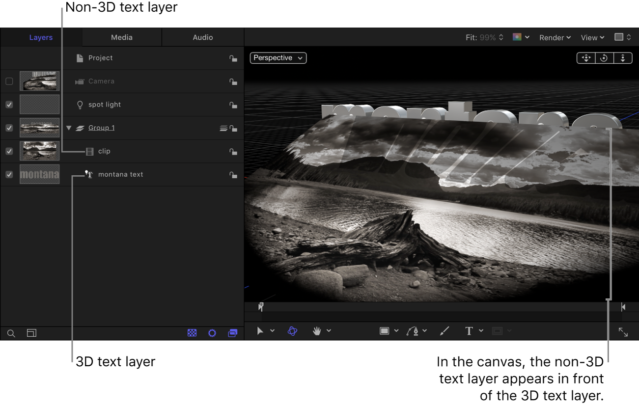 3D text layer below the non-3D text layer in the Layers list; non-3D text layer appears in front of the 3D text layer in the canvas.