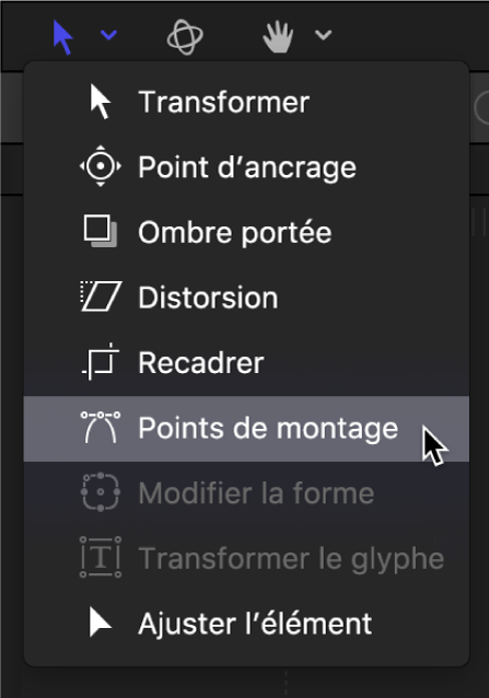 Sélection de l’outil Points de montage dans le menu local des outils de transformation de la barre d’outils du canevas