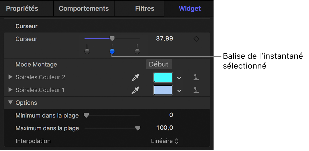 Inspecteur affichant les balises d’instantané pour un widget de curseur