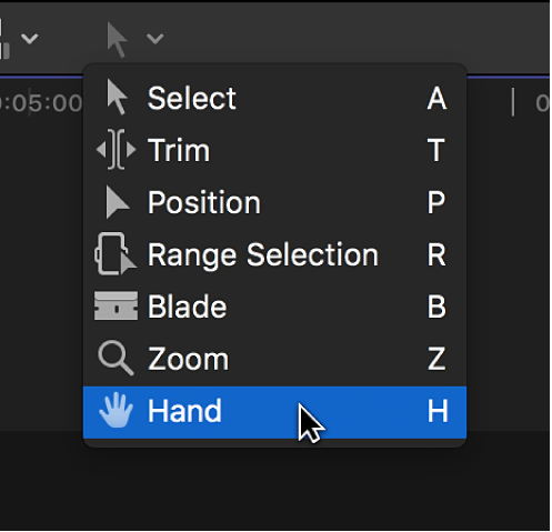 The Hand tool in the Tools pop-up menu