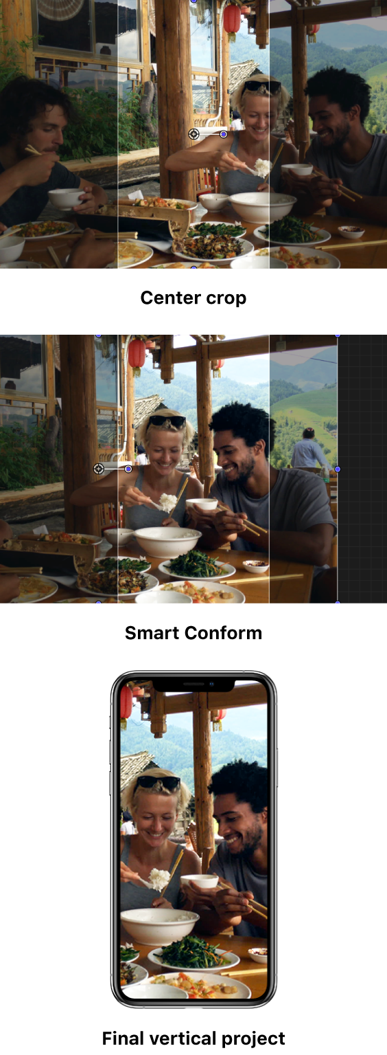 The first example shows a horizontal clip in a vertical project, with a default center crop that doesn’t capture the main area of interest—the two people on the right side of the frame. The second example shows the same image reframed using Smart Conform, showing just the two people on the right. The third example shows the reframed image in the final vertical project on an iPhone screen.