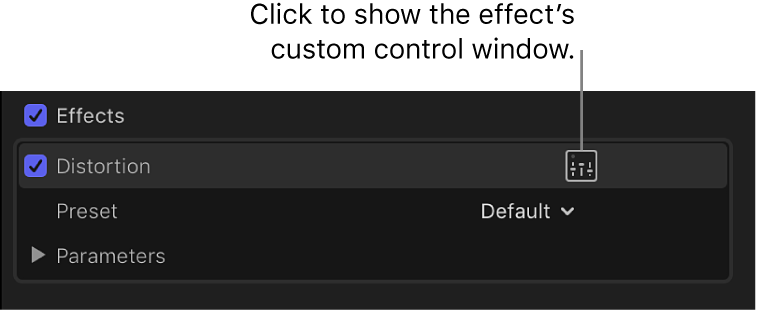 The Effects section of the Audio inspector, showing the Controls button for accessing additional controls for an effect