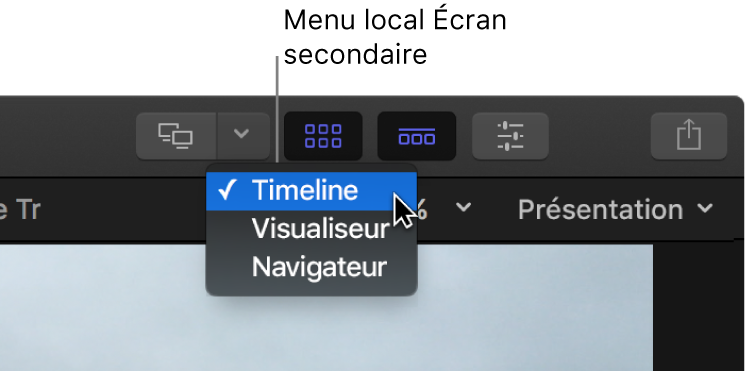 Menu local Écran secondaire dans la barre d’outils