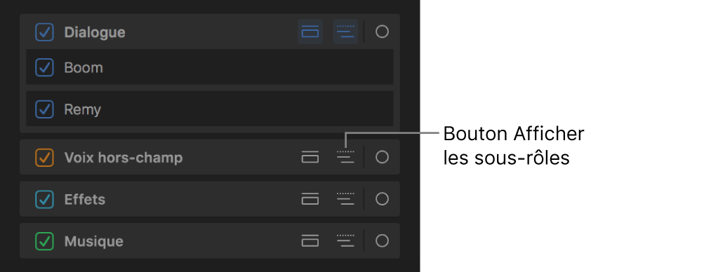 Bouton Afficher les sous-rôles pour un rôle dans la fenêtre Rôles de l’index de la timeline