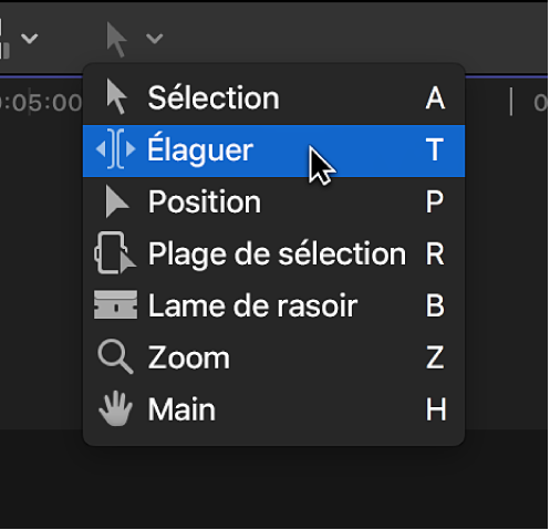 Outil Élaguer dans le menu local Outils