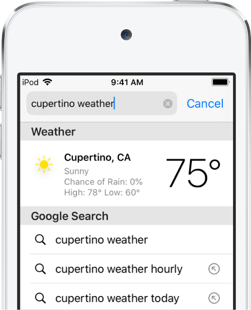 En la parte superior de la pantalla se encuentra el campo de búsqueda de Safari con el texto "cupertino weather". Debajo del campo de búsqueda se encuentra un resultado de la app Clima, mostrando el clima actual y la temperatura de Cupertino. Debajo de eso se encuentran los resultados de la búsqueda de Google, incluyendo "clima cupertino", "clima por horas cupertino " y "clima cupertino weather hoy". En el lado derecho de cada resultado hay una flecha que dirige a una página específica del resultado de búsqueda.