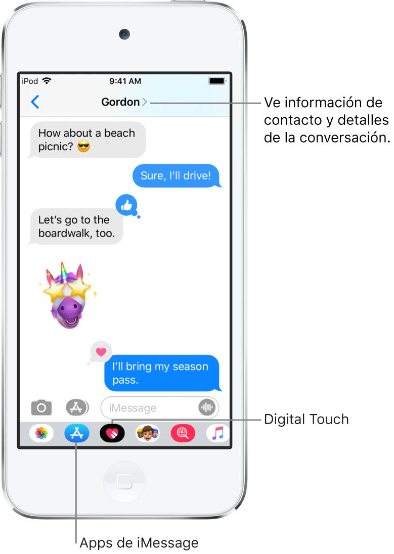 Una conversación de Mensajes. En la parte de arriba de izquierda a derecha se encuentran el botón Atrás y una foto de la persona con quien estás hablando. En el centro se encuentran los mensajes enviados y recibidos durante la conversación. En la parte inferior, de izquierda a derecha, se muestran los botones Fotos, Tiendas, Imágenes, Música, Digital Touch y iMessage.