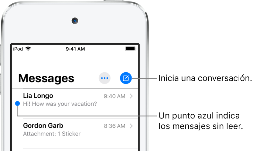 La lista Mensajes, con el botón Editar en la parte superior izquierda y el botón Redactar en la parte superior derecha. Un punto azul a la izquierda del mensaje indica que no se ha leído.