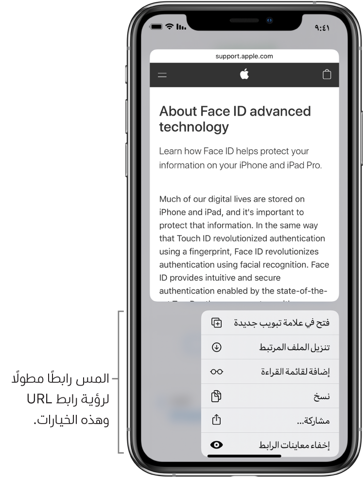 تراكب يعرض معاينة عنوان URL الوجهة متبوعًا بقائمة من الإجراءات المحتملة: فتح وإضافة إلى قائمة القراءة وإضافة إلى الصور ونسخ ومشاركة.