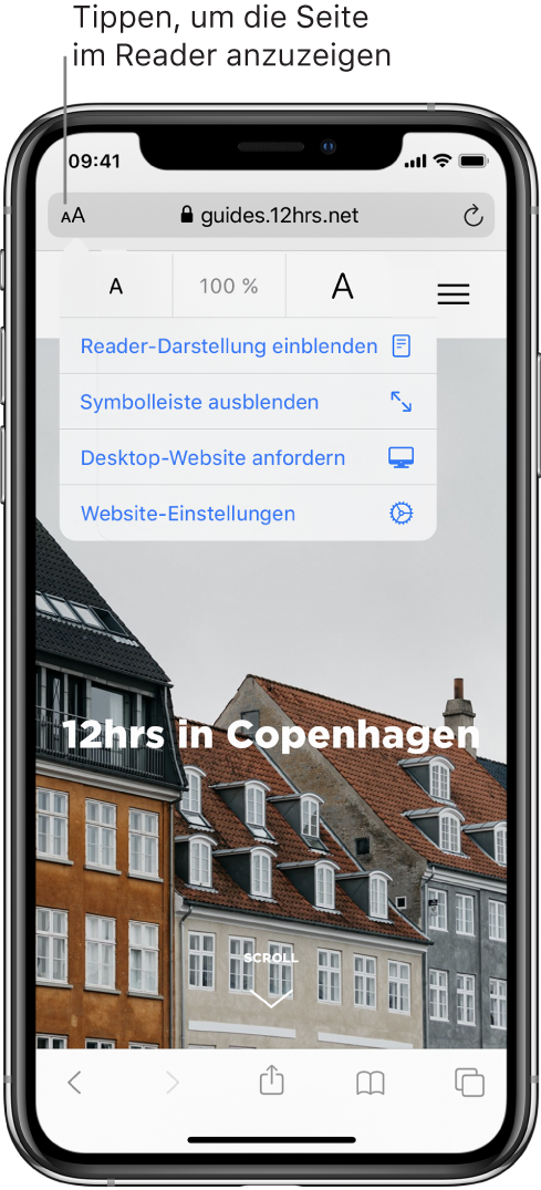 Das Adressfeld in Safari mit der Taste „Reader“ links.