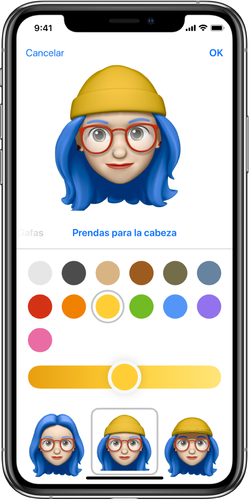 Pantalla para crear un Memoji, con el personaje que se está creando en la parte superior, las características para personalizarlo debajo del personaje y las opciones de la característica seleccionada en la parte inferior de la pantalla. El botón OK está en la parte superior derecha, mientras que en la parte superior izquierda se encuentra el botón Cancelar.