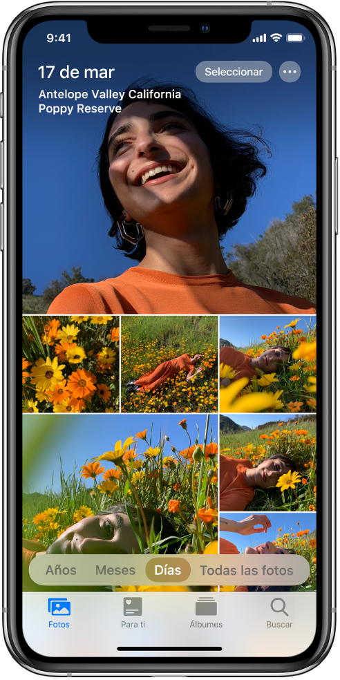 Se muestra la fototeca en la visualización Día. Una selección de miniaturas de fotos llena la pantalla. En la esquina superior izquierda de la pantalla están la fecha y la ubicación donde se han hecho las fotos. En la parte superior derecha están los botones Seleccionar y “Más opciones”. Pulsa Seleccionar para compartir fotos y “Más opciones” para ver los detalles. Debajo de las miniaturas hay opciones para ver la fototeca por Años, Meses, Días y “Todas las fotos”. Abajo están las pestañas Fotos, “Para ti”, Álbumes y Buscar.