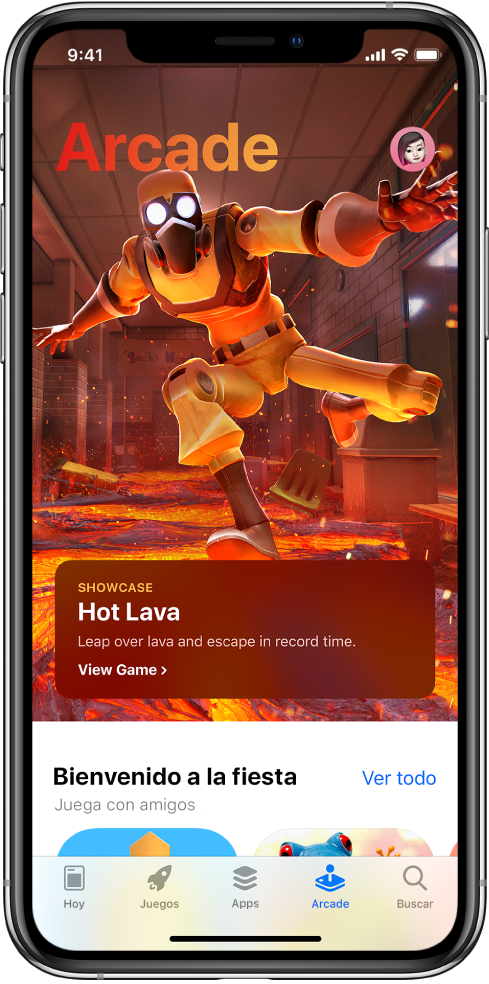 Pantalla Arcade de App Store con información sobre un juego destacado. Tu foto de perfil, que pulsas para ver las compras y gestionar las suscripciones, se encuentra en la esquina superior derecha. A lo largo del borde inferior, de izquierda a derecha, se muestran las pestañas Hoy, Juegos, Apps, Arcade y Buscar.