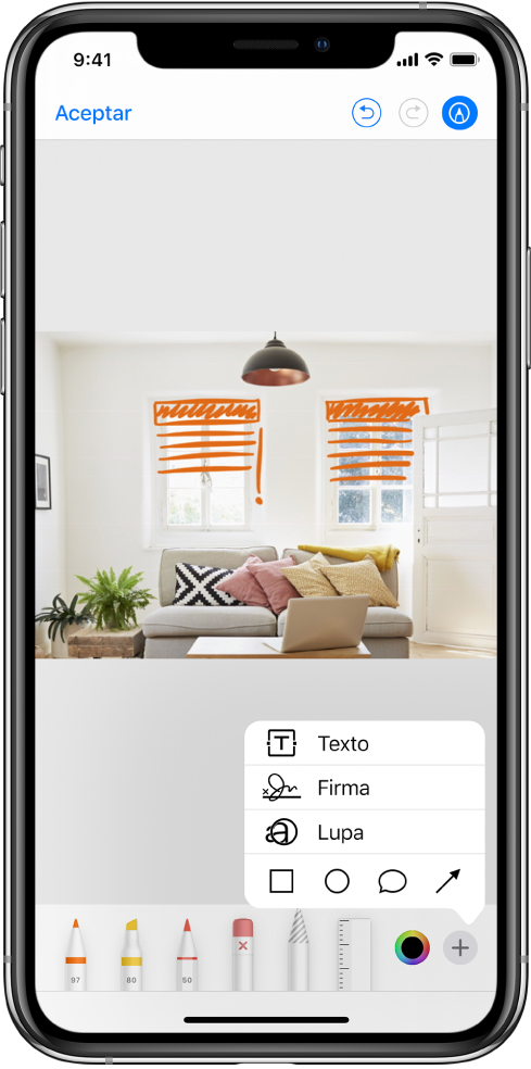 Se ha marcado una foto con líneas naranjas para indicar las persianas sobre las ventanas. Las herramientas de dibujo y el selector de color aparecen en la parte inferior de la pantalla. En la esquina inferior derecha, aparece un menú con opciones para añadir texto, la firma o para usar la lupa.
